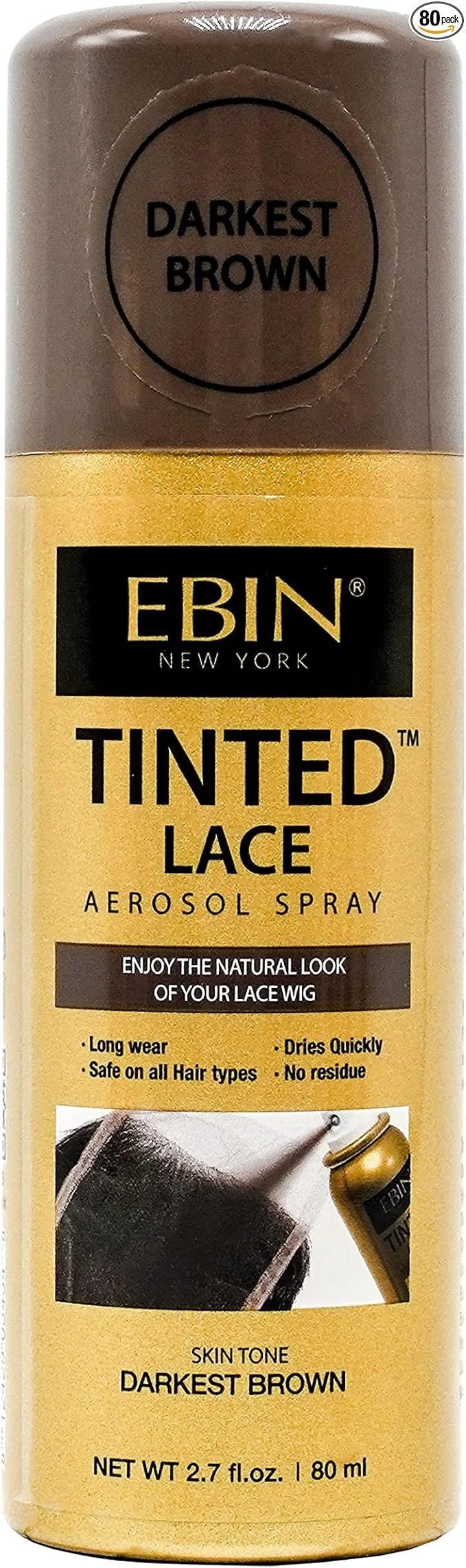 A bottle of EBIN Tinted Lace Aerosol Spray in the darkest brown shade, used to tint lace wigs. The label highlights features like long wear, quick drying, safety on all hair types, no residue, and natural-looking color.