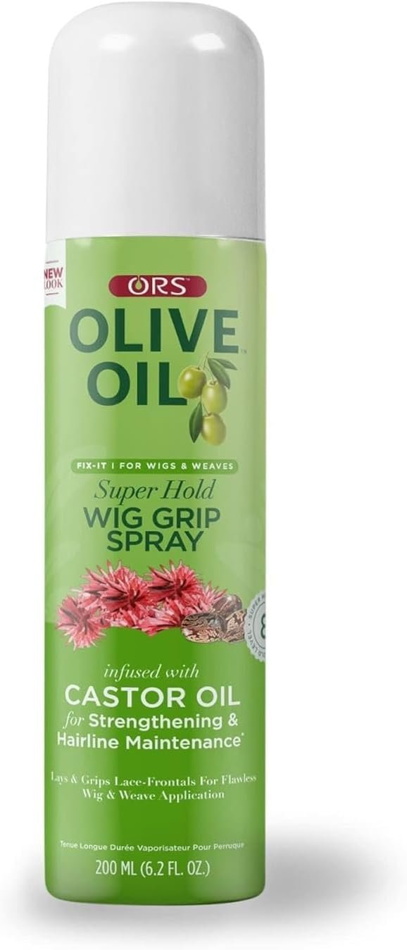 A can of ORS Olive Oil Super Hold Wig Grip Spray with castor oil for strengthening and hairline maintenance, featuring a light green background with images of olives, flowers, and a snake, and a white spray cap.