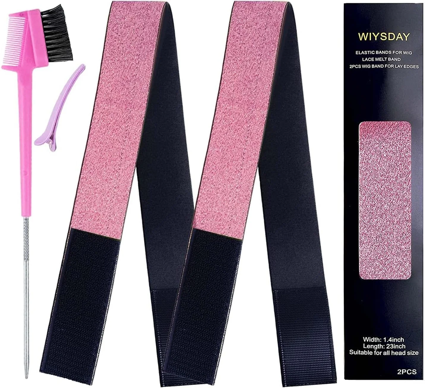 A set of pink and black elastic wig bands and accessories, including a pink wig comb, a pink wig clip, and two pink elastic wig bands for styling.