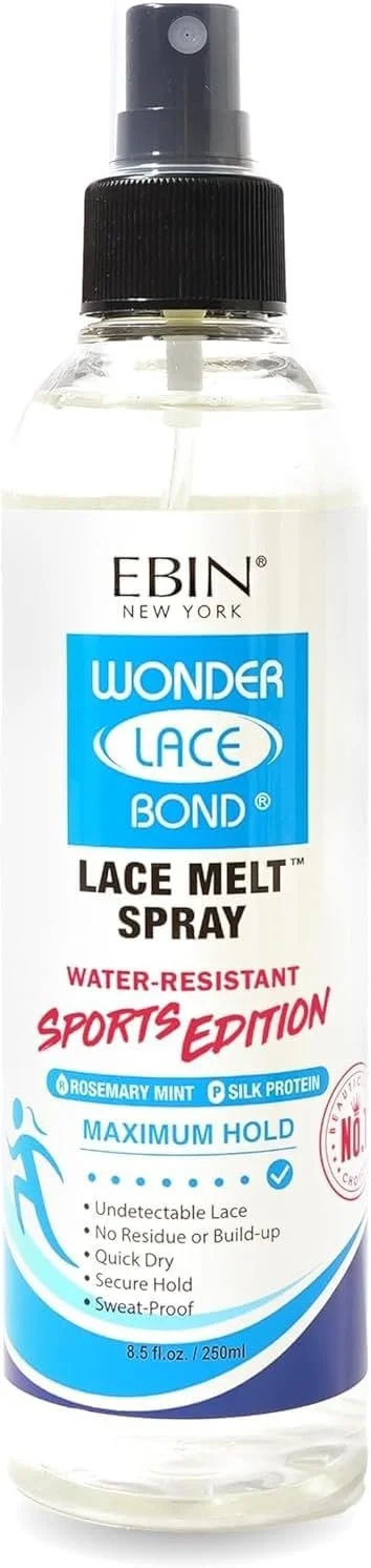 A spray bottle of EBIN Wonder Lace Bond Lace Melt Spray with water-resistant sports edition label, featuring blue and white packaging with text about maximum hold, undetectable lace, and quick-dry properties.