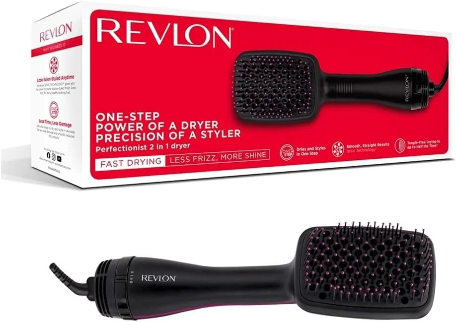 Revlon Perfectionist 2-in-1 hair dryer and styler with black handle and brush head, alongside its red and white packaging box.