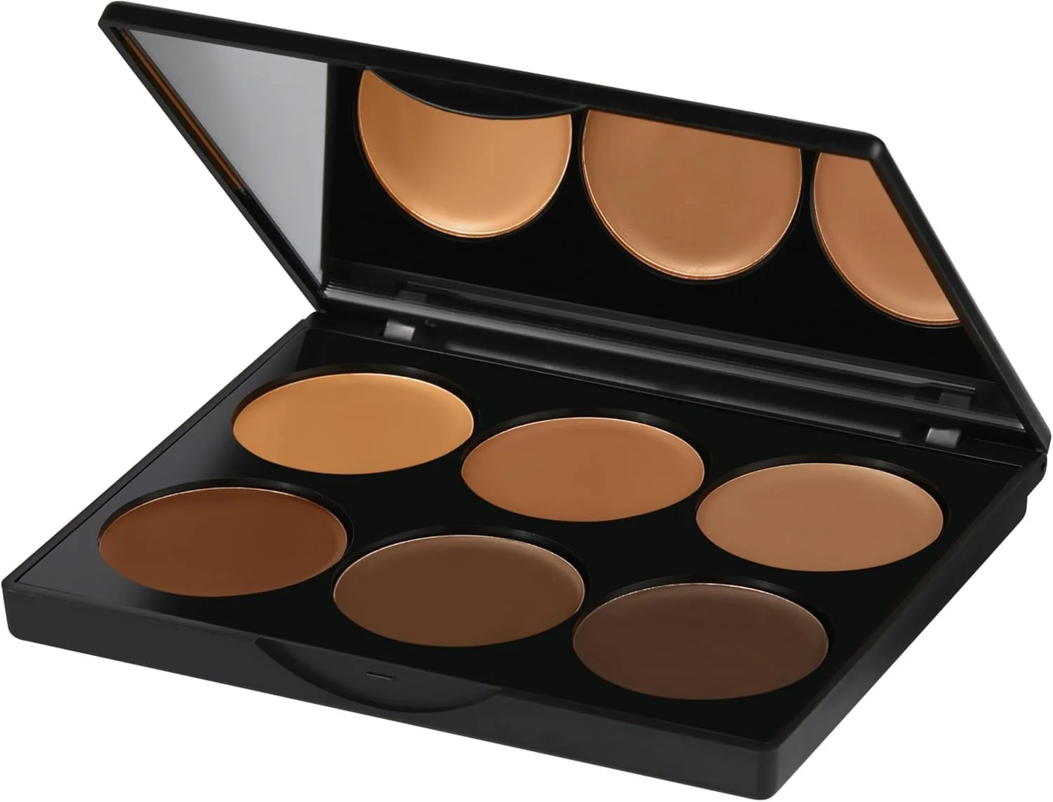 A black makeup palette containing six brown shades with a mirror on the inside of the lid.