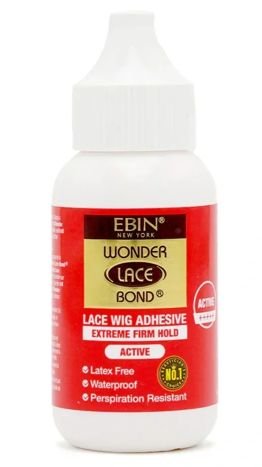 A white plastic bottle of EBIN Wonder Lace Bond lace wig adhesive with a red label, containing information about its features like latex-free, waterproof, and perspiration resistant.