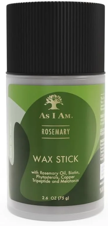 A container of As I Am Rosemary Wax Stick with a black lid and green and white label.
