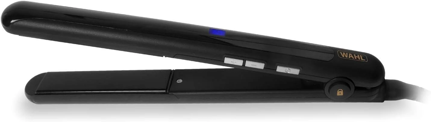 Black hair straightening iron with a blue indicator light, white and gray buttons, and a lock symbol, branded WAHL.