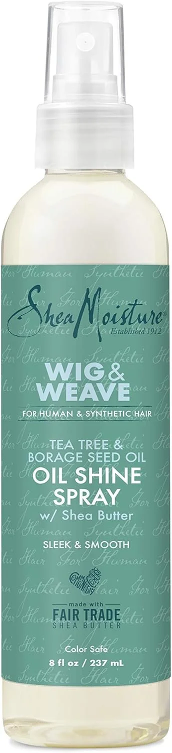 A spray bottle labeled SheaMoisture Wig & Weave Oil Shine Spray with Tea Tree & Borage Seed Oil, shea butter, and designed for human and synthetic hair, 8 fluid ounces.