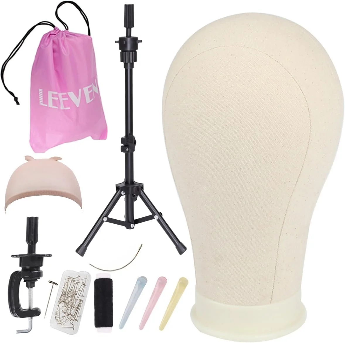 A mannequin head form for wig making with various wig-making tools and supplies, including a tripod stand, pins, a clamp, colorful sticks, a pink drawstring bag, a beige wig cap with bear ears, and a large foam head block.