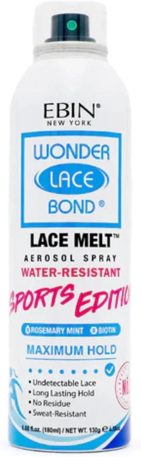 A can of EbIN Wonder Lace Bond Lace Melt aerosol spray with water-resistant, sports edition. It is labeled as maximum hold, with rosemary mint scent, 150 grams, and includes features like undetectable lace, long-lasting hold, no residue, and sweat resistance.