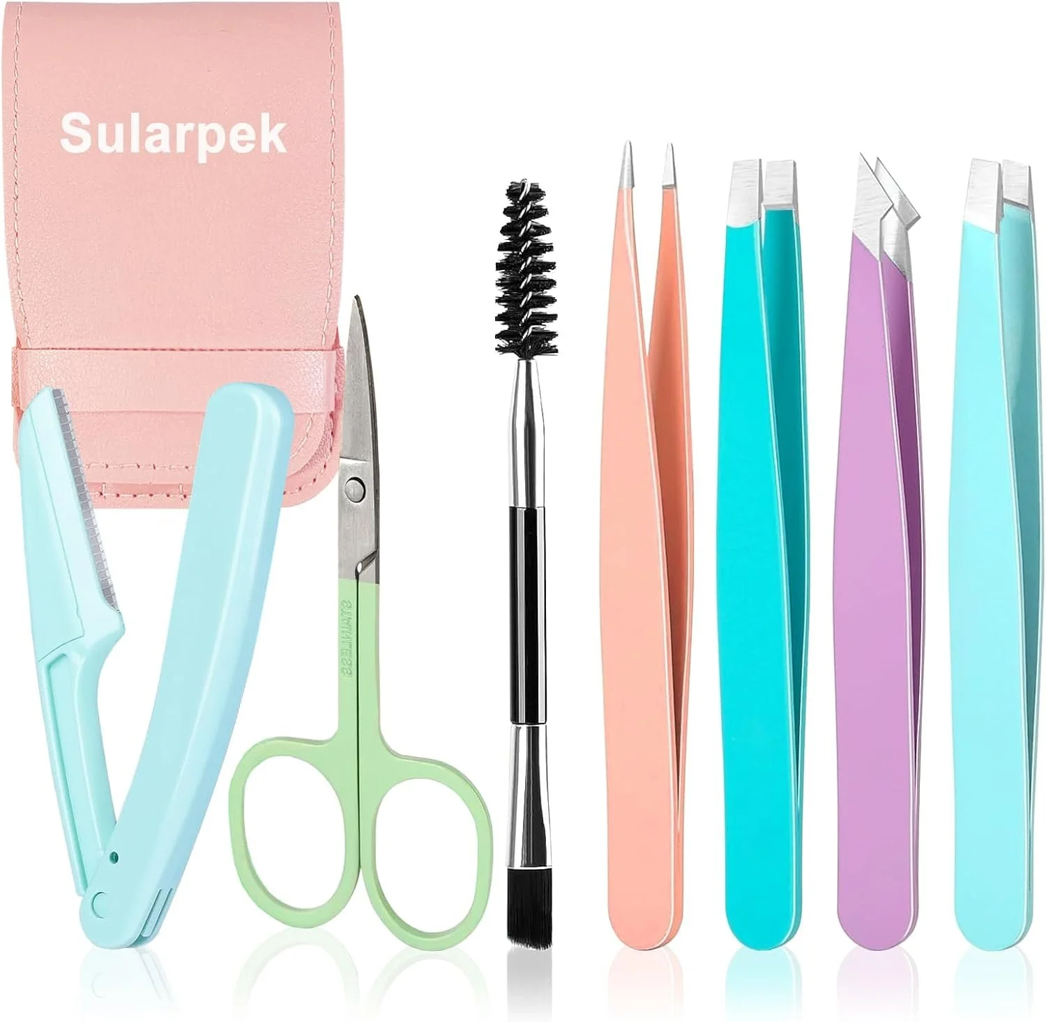 Manicure tool set including a nail clipper, scissors, cuticle stick, brush, and colorful nail files, with a pink storage case labeled 'Sularpek'.