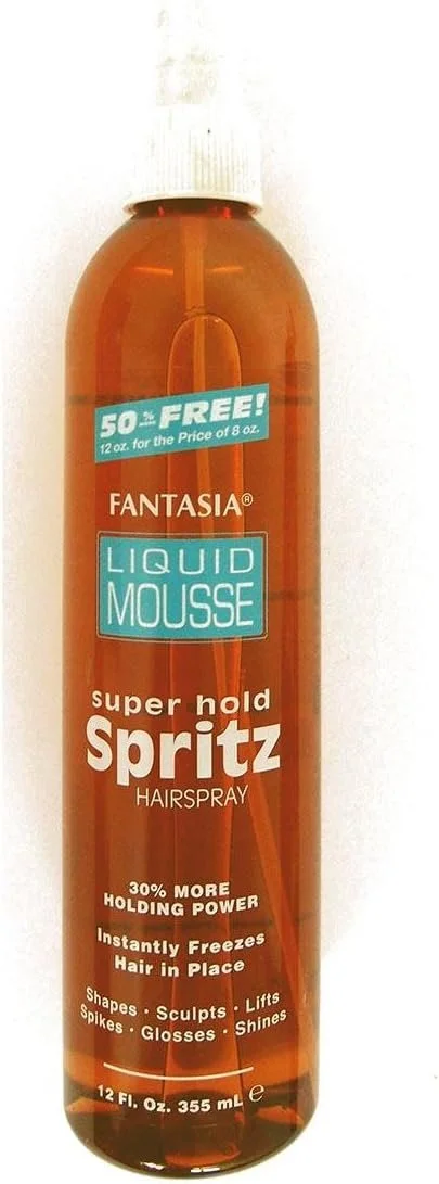 Bottle of Fantasia Liquid Mousse Super Hold Spritz Hairspray with a white cap and an orange body, featuring a promotional sticker offering 50% free product.