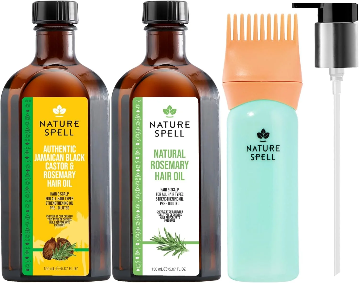 Two bottles of Nature Spell hair oil, a spray bottle, and a pump dispenser for hair treatment, all on a white background.