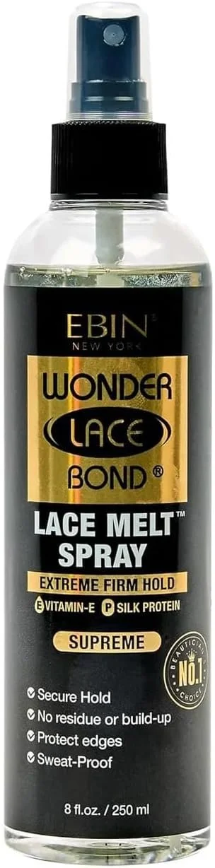 A spray bottle of Ebyn New York Wonder Lace Bond Lace Melt Spray, used for lace hair extensions, with a black cap and a transparent body showing the liquid inside.