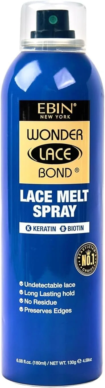 A blue bottle of EBIN Wonder Lace Bond Lace Melt Spray with a clear spray cap, featuring labels about its contents and benefits for lace wig adhesion.