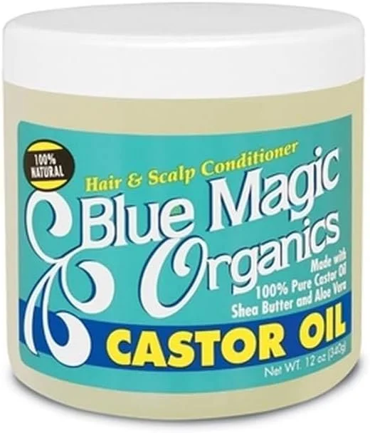 Container of Blue Magic Organics hair and scalp conditioner with castor oil, shea butter, and aloe vera.
