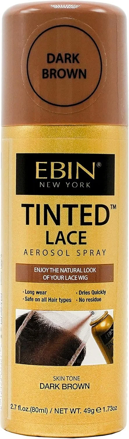 A can of Ebi Tinted Lace Aerosol Spray in Dark Brown for lace wig color.