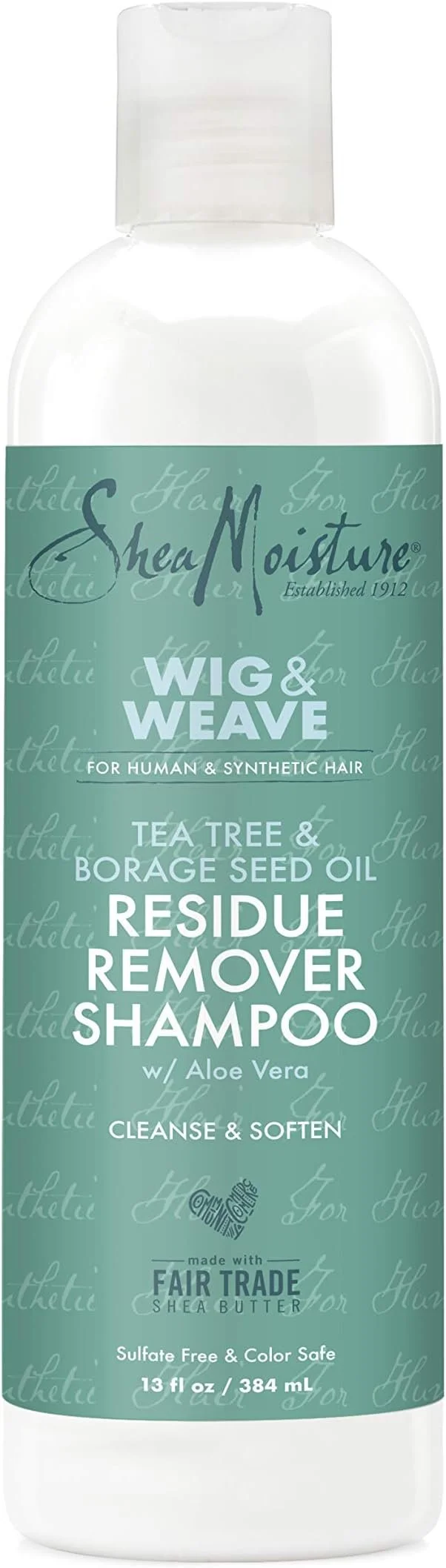 Bottle of SheaMoisture Wig & Weave Residue Remover Shampoo with Aloe Vera, tea tree, and borage seed oil, 13 oz, designed for human and synthetic hair.