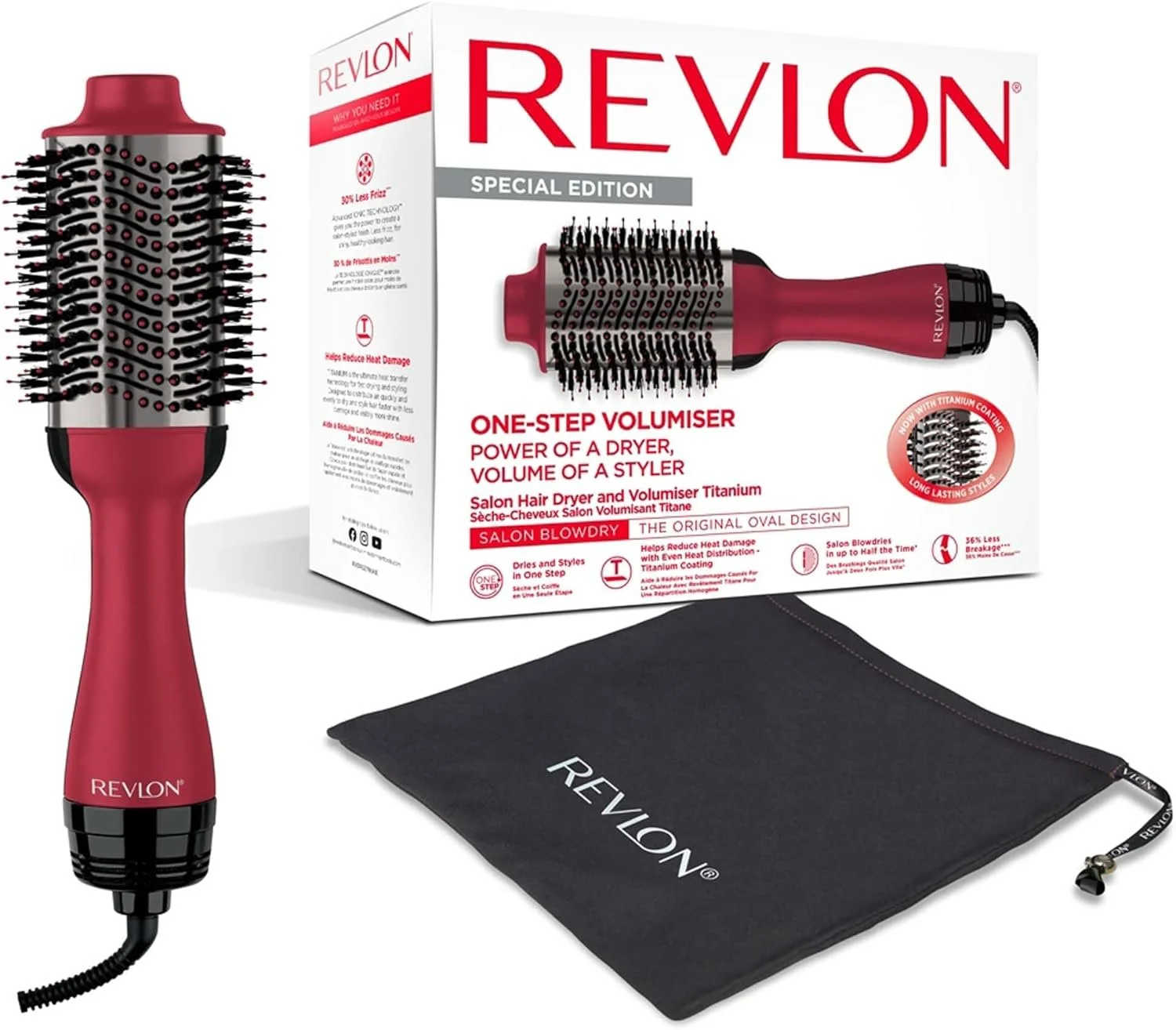 Revlon Salon Blowdry One-step volumizer hair dryer and styler with titanium coating, red and black design, alongside a black storage pouch.