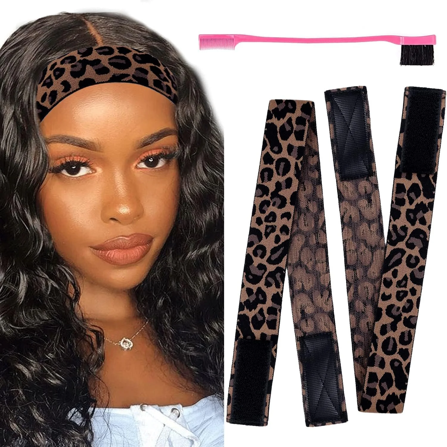 A woman with dark curly hair wearing a leopard print headband, makeup, and a necklace, next to a matching leopard print hair wrap or headband with velcro straps.