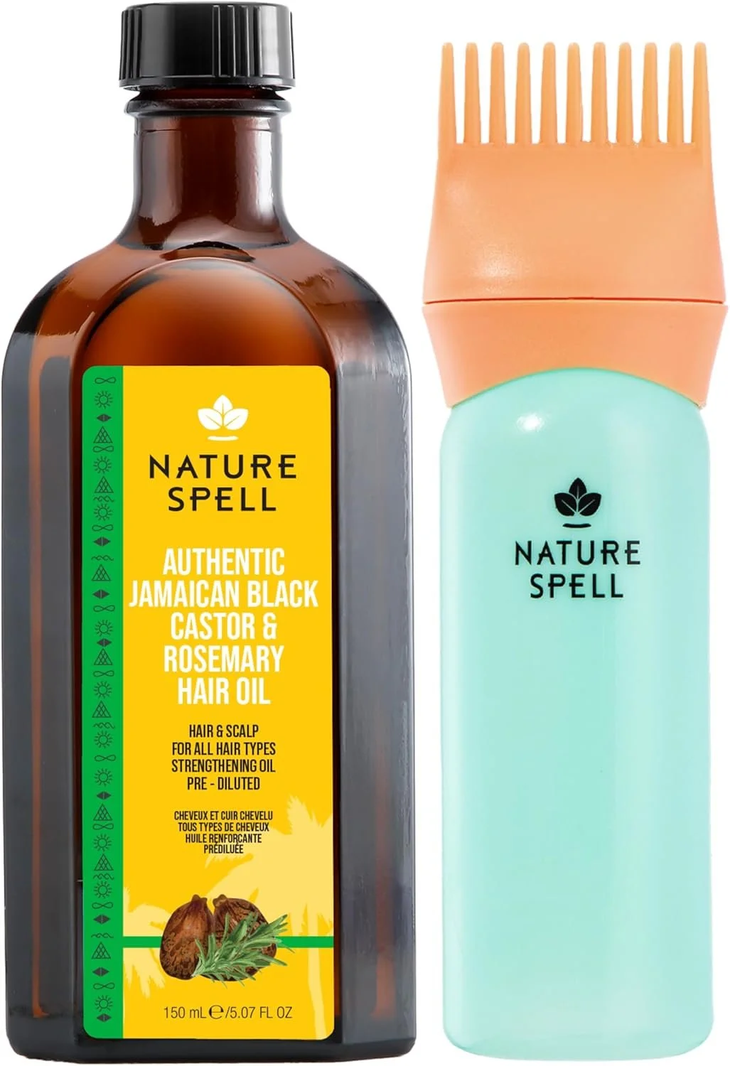 A bottle of Nature Spell hair oil labeled 'Authentic Jamaican Black Castor & Rosemary Hair Oil' and a light blue hair mist spray bottle with a peach-colored top, both displaying the Nature Spell logo.