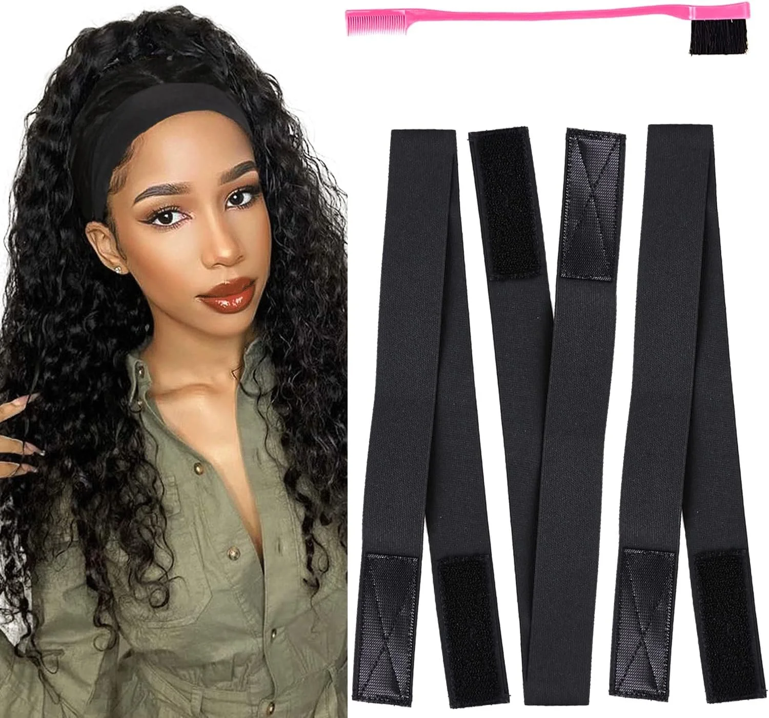 A woman with long, curly black hair and a black headband, wearing a green button-up shirt, is looking at the camera. Beside her, there are several black hair extension clips and a pink hairbrush with a black brush head.