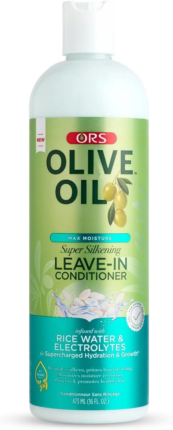 A bottle of ORS Olive Oil Leave-In Conditioner with rice water and electrolytes, for supercharged hydration and growth, featuring a green and blue label with an image of olives and a splash of water.