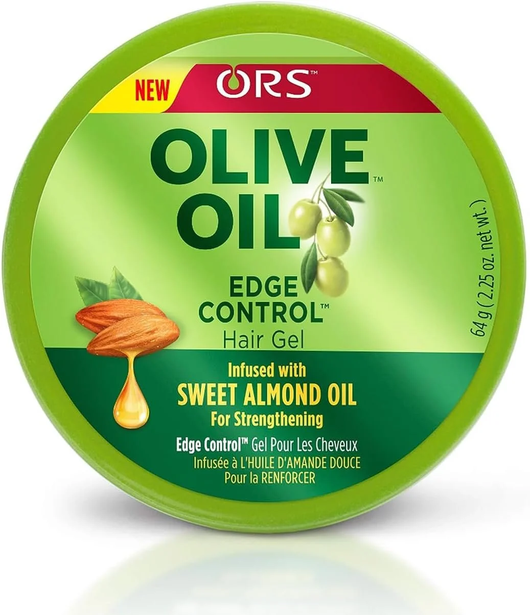 Green container of ORS Olive Oil Edge Control Hair Gel with sweet almond oil for strengthening, featuring a picture of almonds and olive branches.