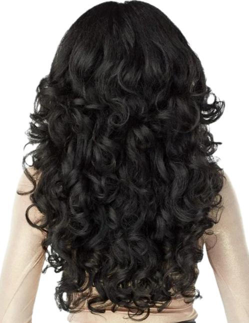 Back view of a woman with long, dark, curly hair.