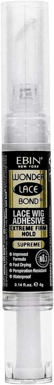A clear plastic tube of Ebin Wonder Lace Bond lace wig adhesive with black and gold labeling.