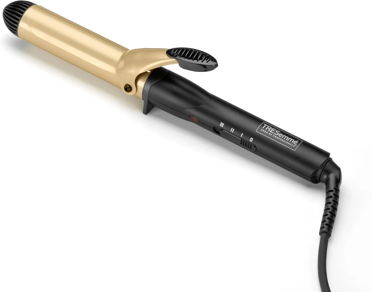 A black and gold curling wand with adjustable heat settings and a power cord.