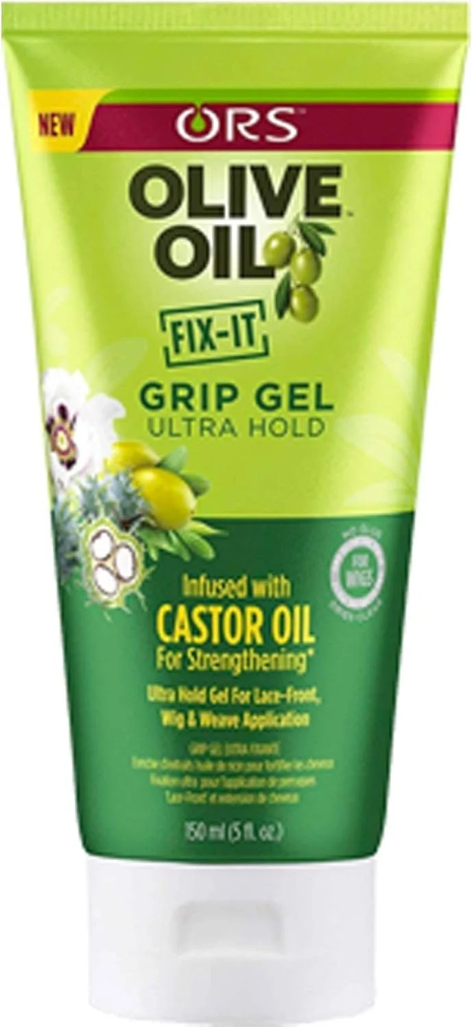 Green tube of ORS Olive Oil Fix-It Grip Gel with castor oil, featuring illustrations of olives and flowers and labeled as ultra hold for long-lasting styling.