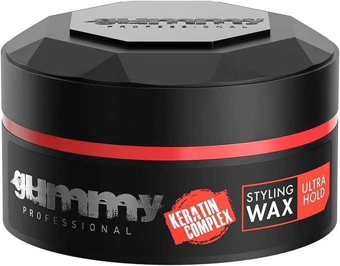 A black container of Gummy Professional Keratin & Complex Styling Wax with Ultra Hold writing, featuring red accents and a lid.