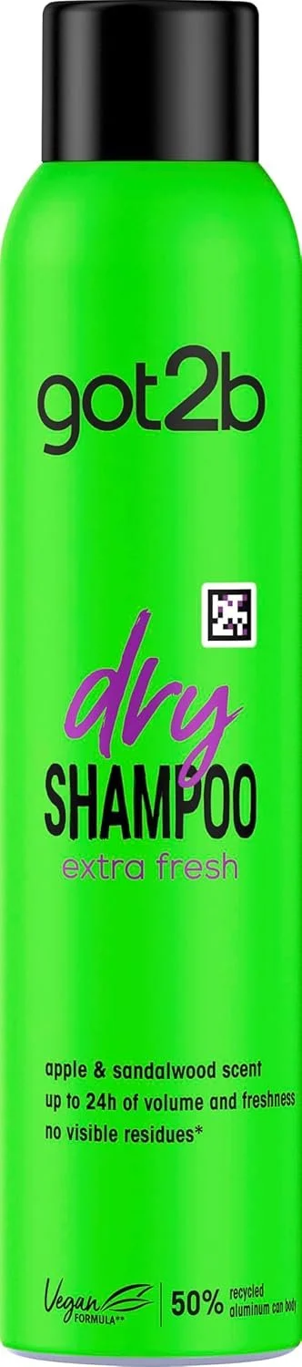 Green bottle of got2b dry shampoo with black cap, labeled as extra fresh scent, plant-based, vegan, 50% recycled aluminum can.
