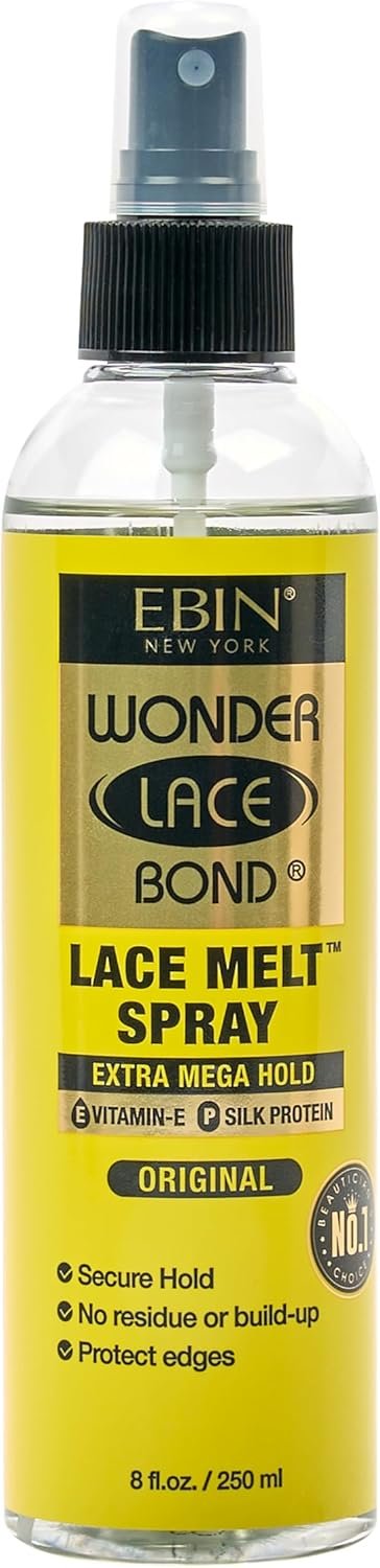 A bottle of EBIN Wonder Lace Bond Lace Melt Spray with a spray nozzle.