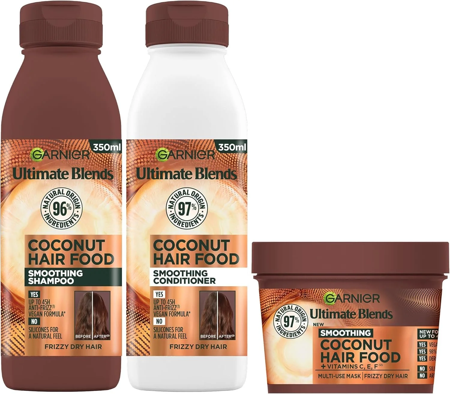 Garnier Ultimate Blends coconut hair care products, including smoothing shampoo, smoothing conditioner, and a multi-use mask in a brown container, all featuring orange and beige labels with product information.
