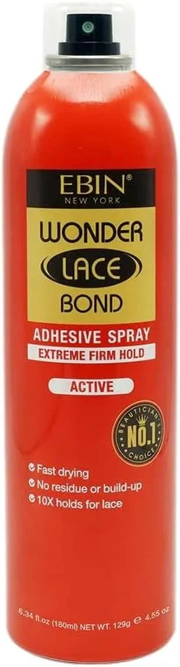 A red spray bottle of EBIN WONDER LACE BOND adhesive spray with a black nozzle and label indicating extreme firm hold and active formula.