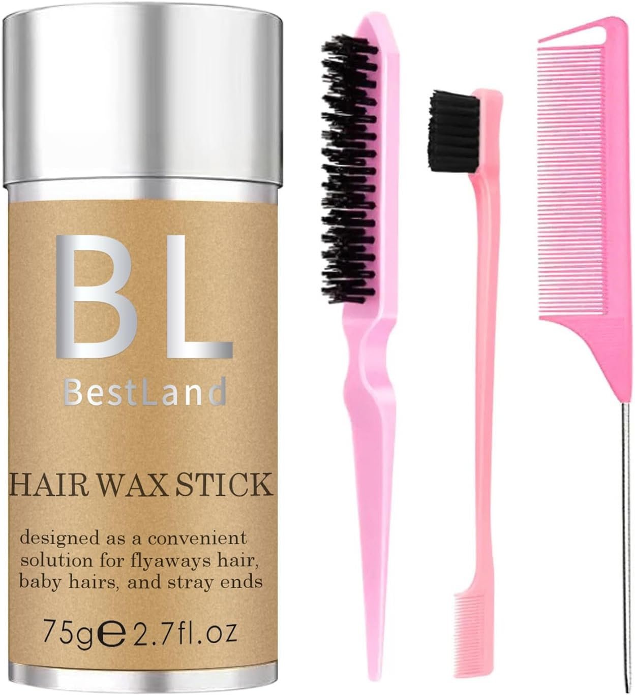 A bottle of BestLand hair wax stick with three pink grooming tools, including a brush with black bristles, a small brush, and a fine-toothed comb.