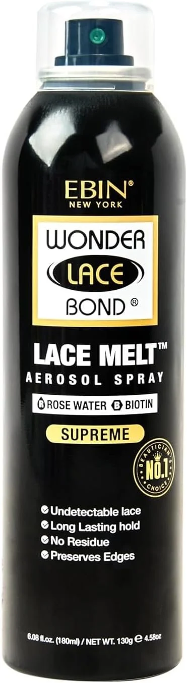 Black spray can of Wonder Lace Bond Lace Melt Aerosol Spray, with a clear cap, featuring labels for ingredients rose water and biotin, and highlighting its features like long-lasting hold and no residue.