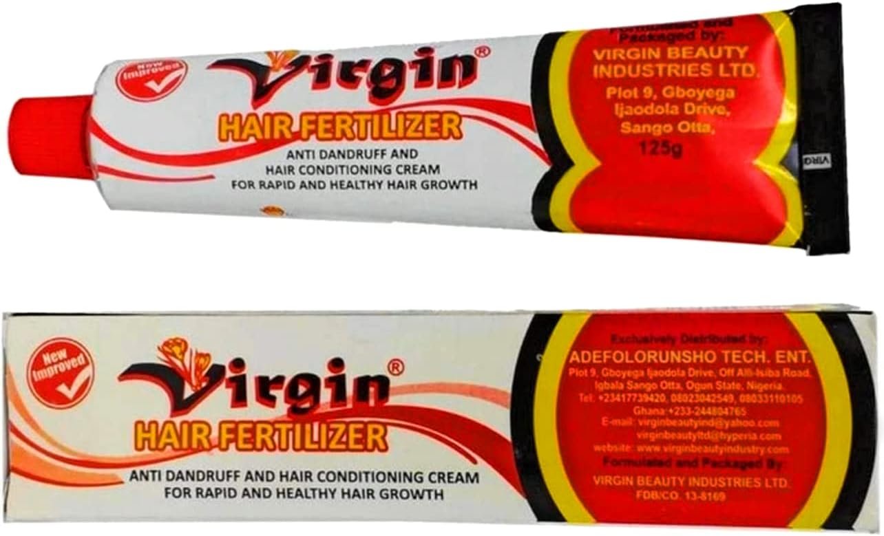 Tube of Virgin Hair Fertilizer anti-dandruff and hair conditioning cream with red, white, black, and yellow packaging. The tube and box display the brand name 'Virgin,' with red and yellow accents and detailed product information.