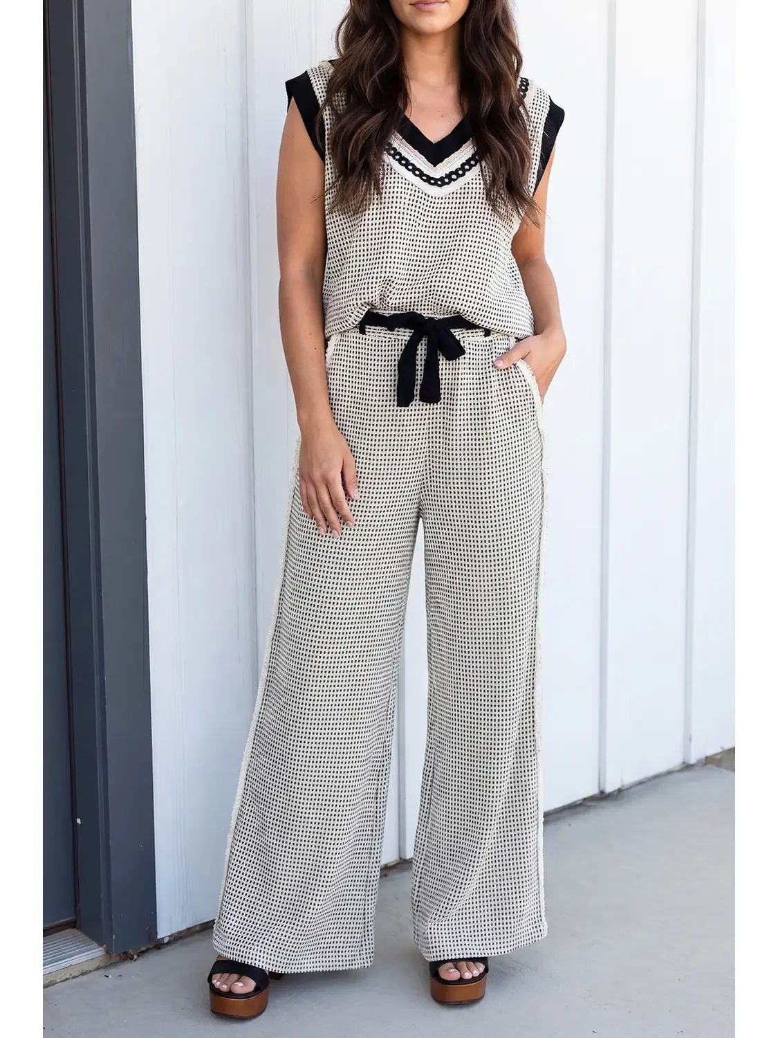 Colorblock Drawstring Wide Leg Pants Set