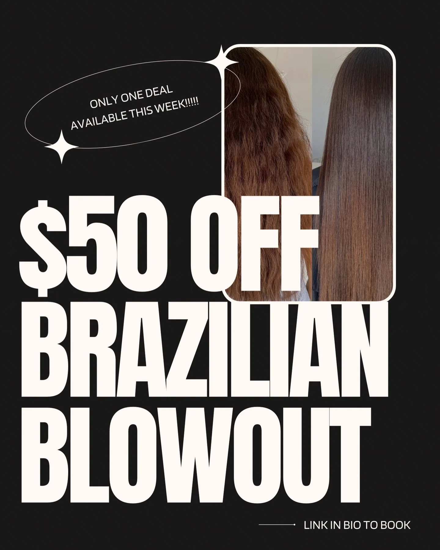 $50 OFF Brazilian Blowout ✨
Only one appointment available at this discount!
Openings: Thursday, Friday, or Saturday
Claim it before someone else does 👏
Message me to book.

#frizzfreehair #brazilianblowoutcertified #brazilianblowoutspecialist #spli