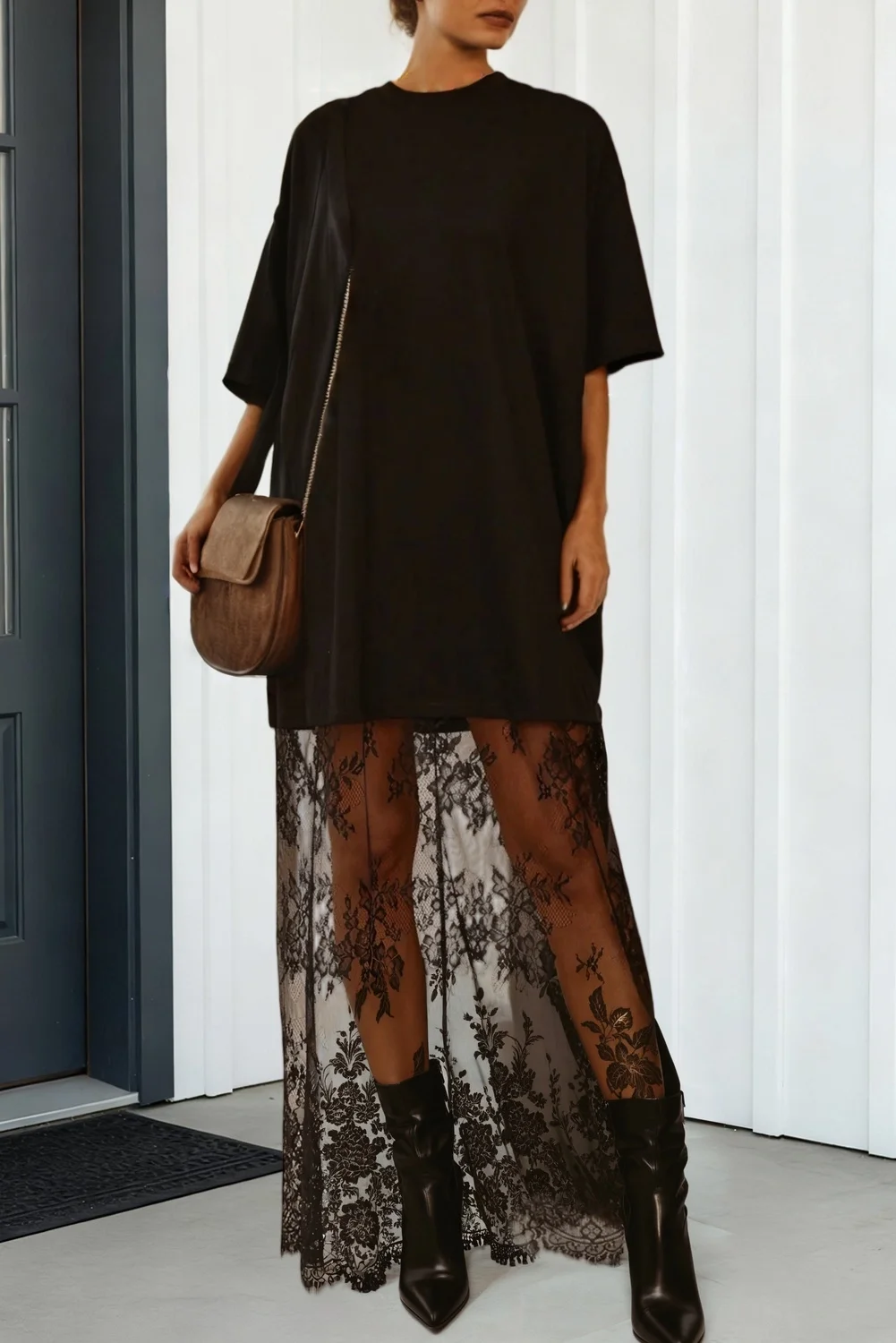 Floral Lace Patchwork T Shirt Maxi Dress