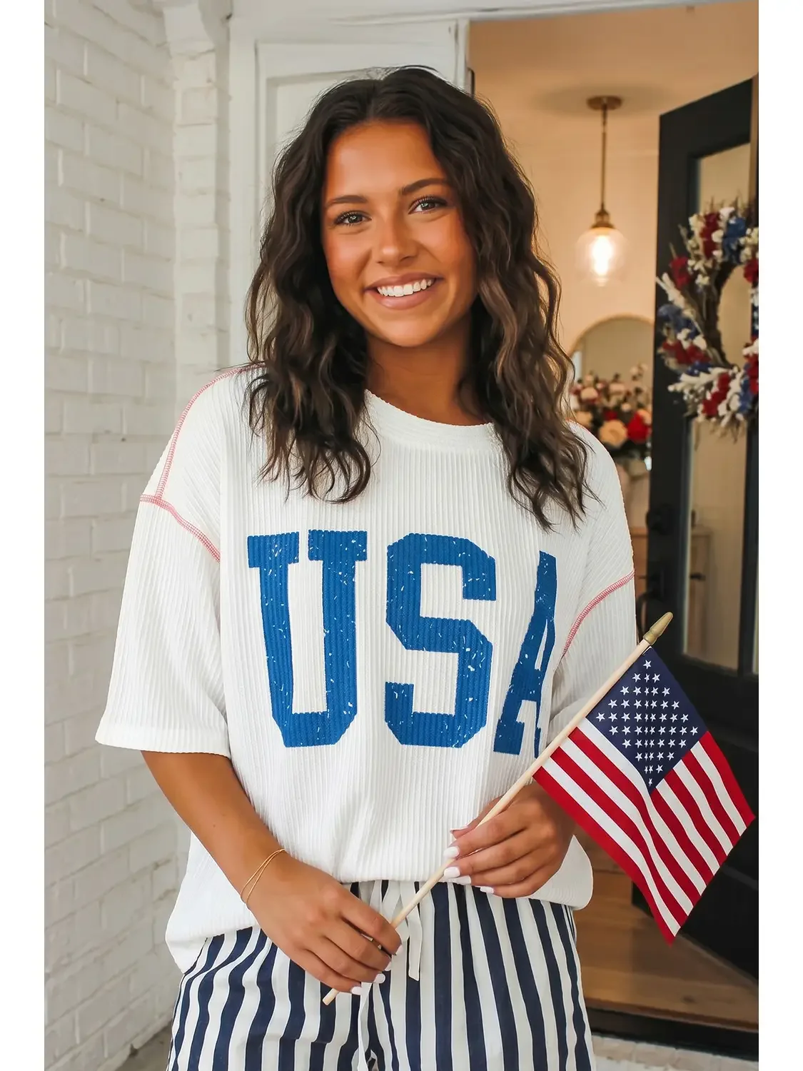 USA Graphic Half Sleeve Loose Ribbed Top