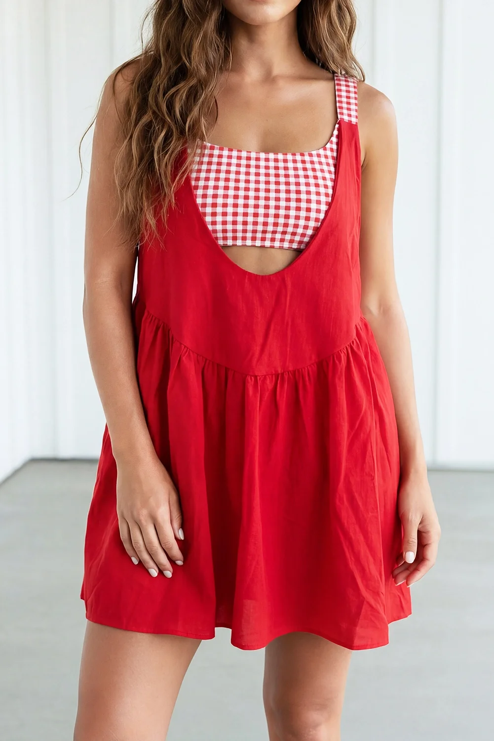 Faux Two Piece Gingham Patchwork Mini Dress