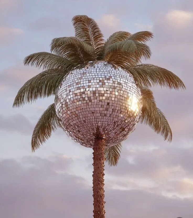 A palm tree with a disco ball as its globe and long fronds extending outward, set against a cloudy sky at sunset.