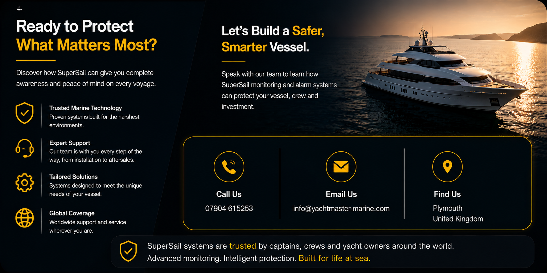 An advertisement for SuperSail marine monitoring systems features a large yacht on water at sunset. The ad emphasizes protection, support, tailored solutions, and global coverage, with contact information including a phone number, email, and location in Plymouth, United Kingdom.