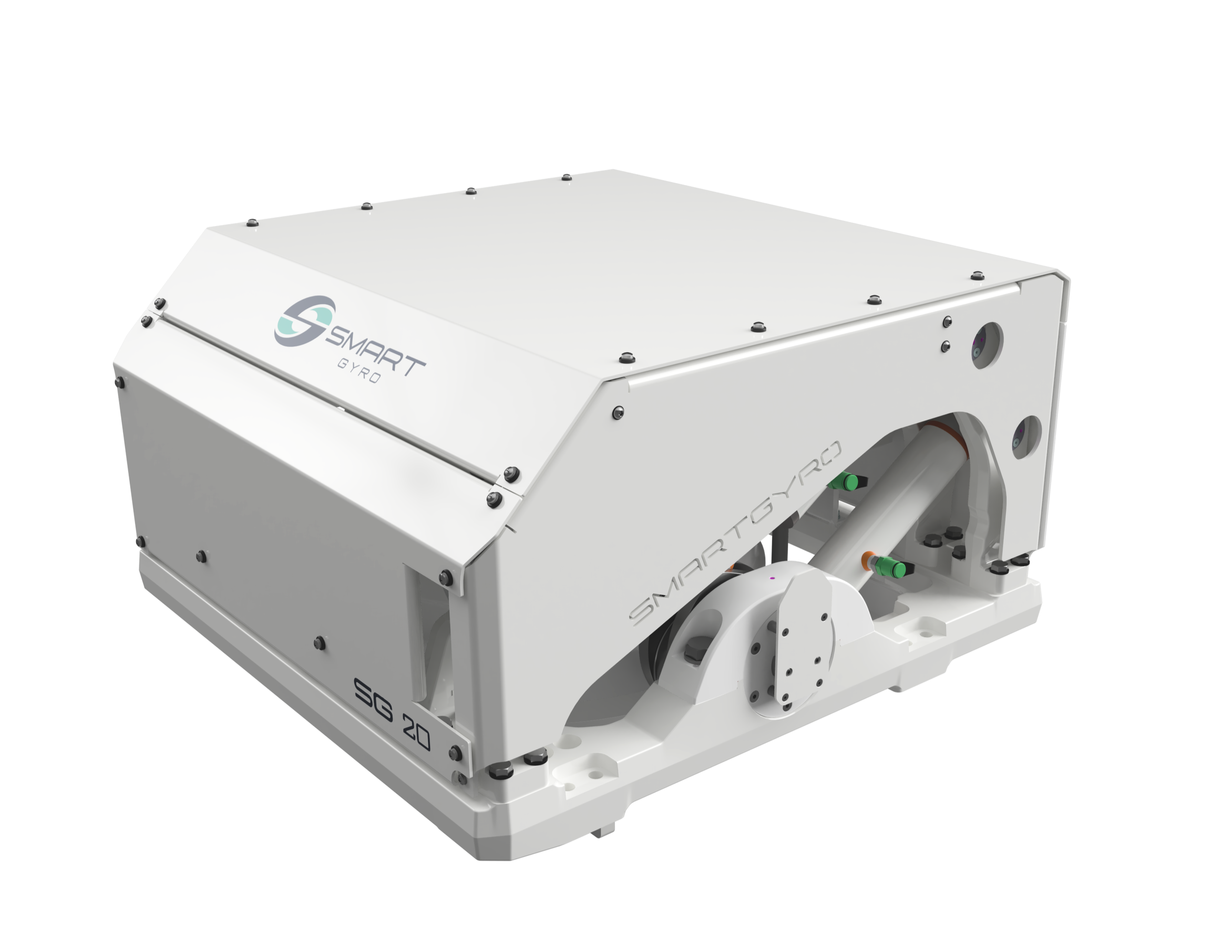A white robotic device labeled SMART GYRO, with a cylindrical component and various green and black connectors, used for gyroscopic applications.