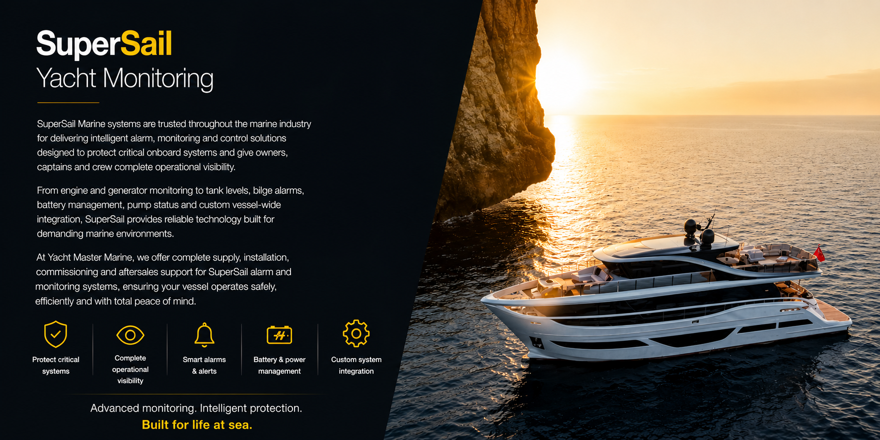 A yacht sailing near a rocky cliff at sunset with the ocean in the background, promoting SuperSail Marine systems and yacht monitoring technology.