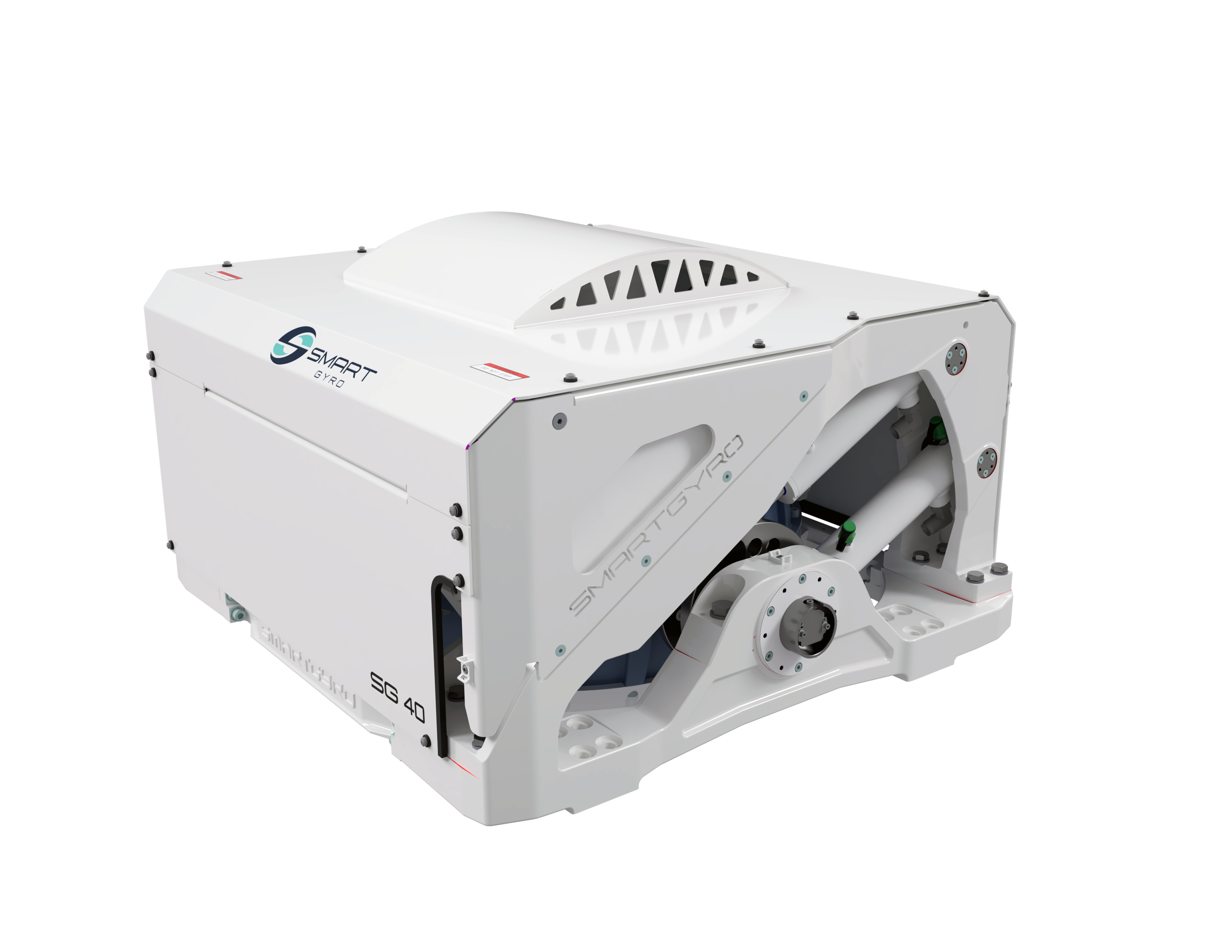 An autonomous white robot with a sleek design, labeled 'SMART GYRO' and 'SG 40', equipped with mechanical arms and sensors, used for industrial or research purposes.