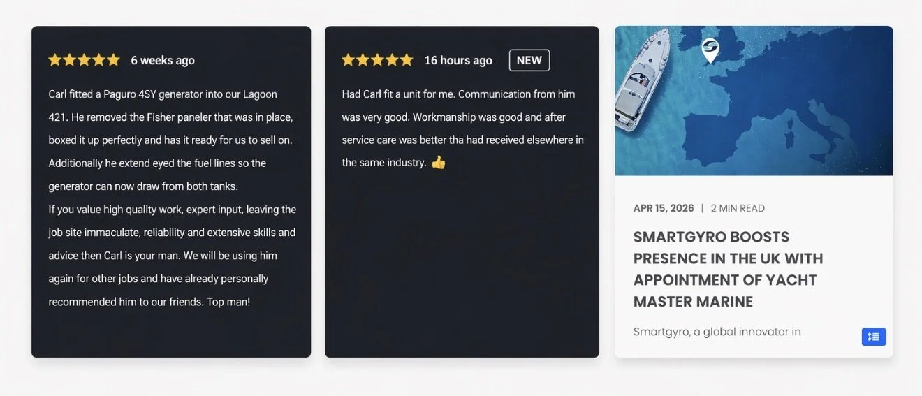 Three customer reviews with star ratings on a website, a boat on a map of Europe.