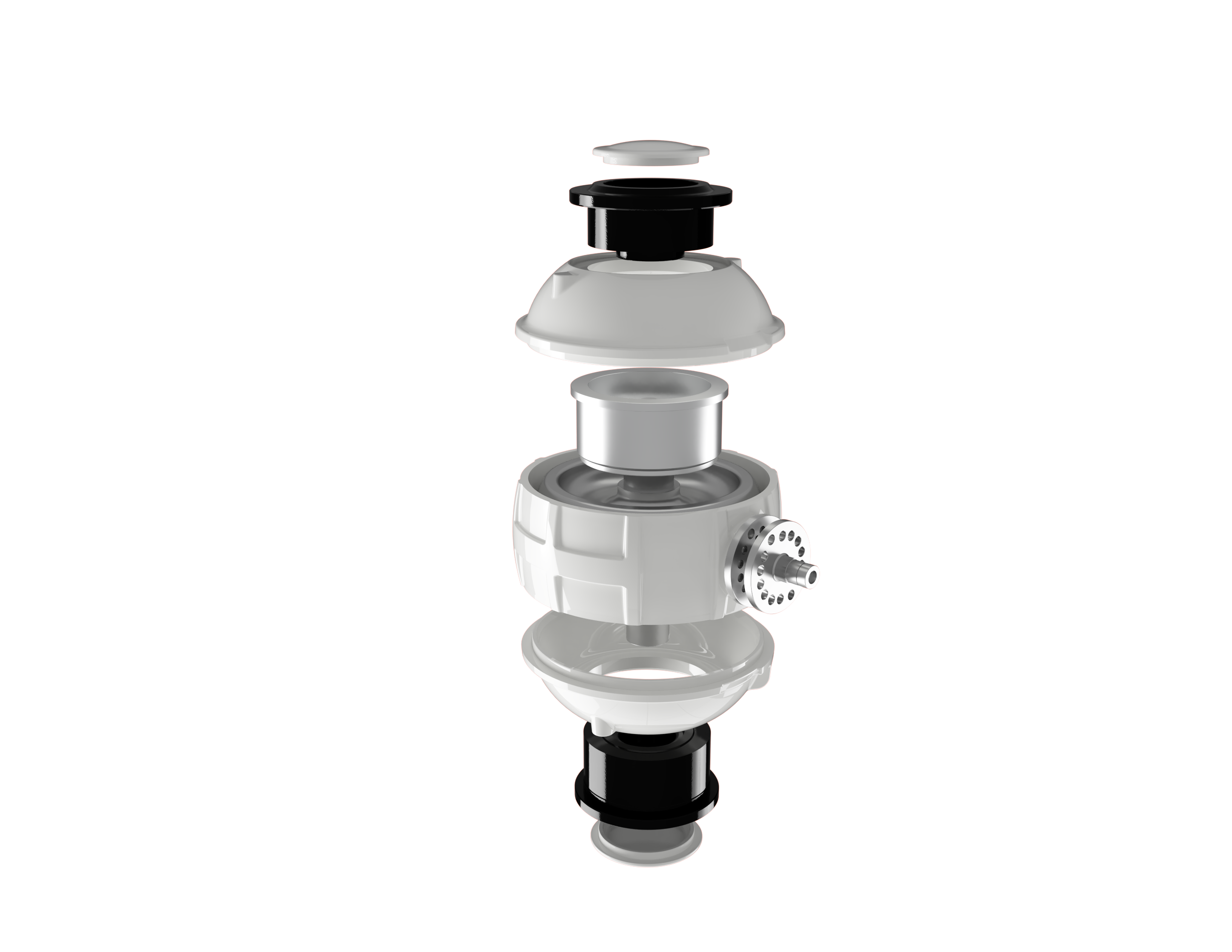 Exploded view of a mechanical device showing multiple disassembled parts on a black and orange background.